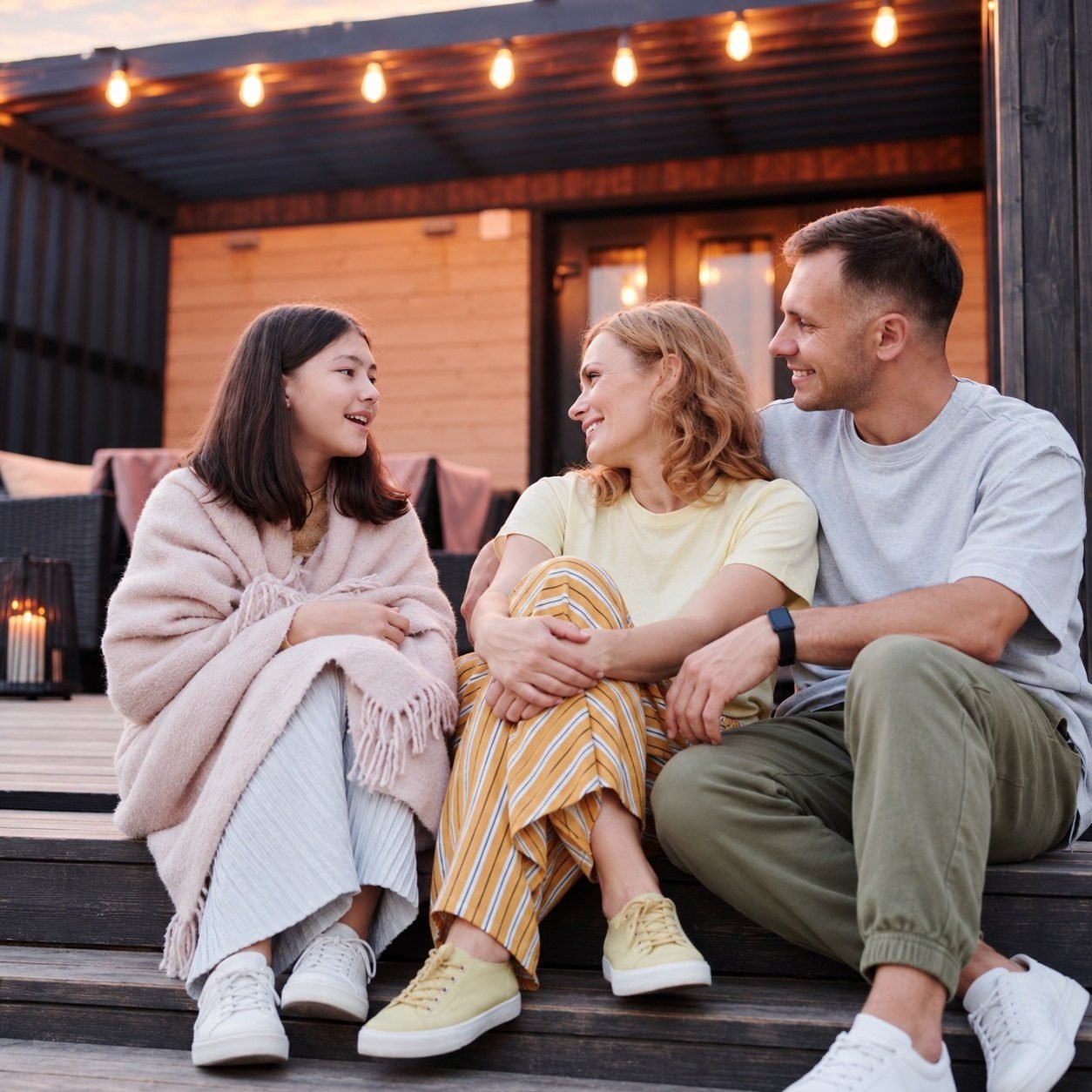 Familia conversando y sonriendo en su patio techado con luces colgantes al atardecer