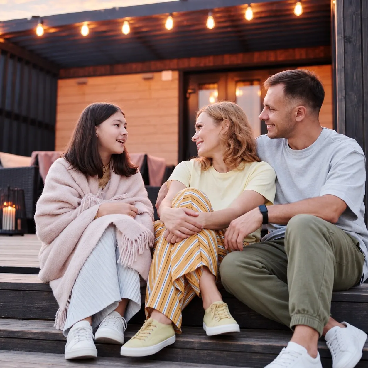 Family chatting and smiling on their covered patio with string lights at sunset