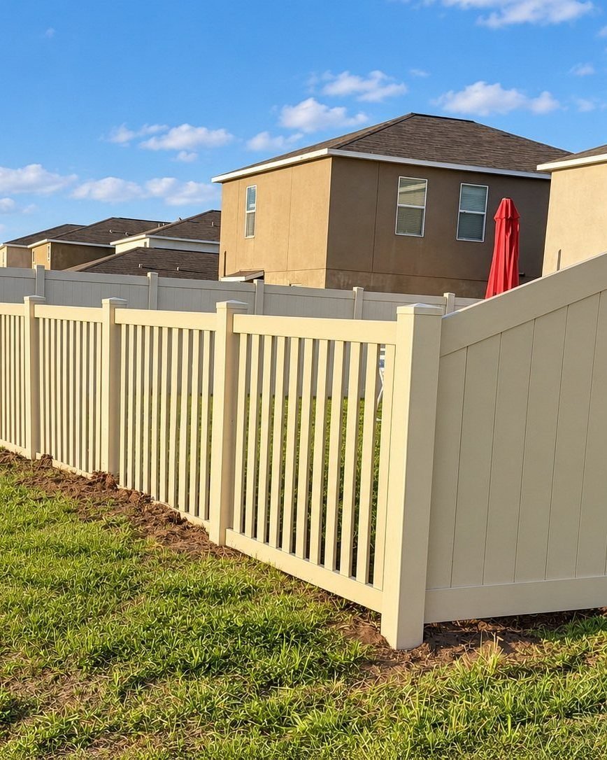Cerca beige estilo picket junto a cerca de privacidad