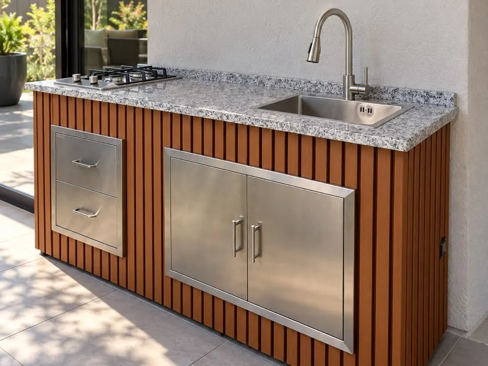 Outdoor kitchen with wood slat cabinetry, stainless steel doors, a sink and a gas cooktop