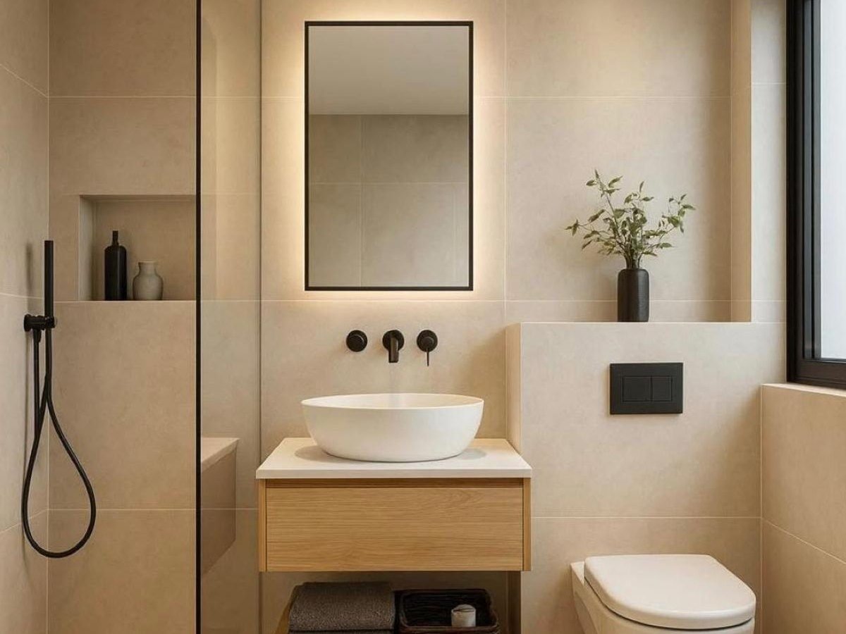 Baño moderno en tonos beige con ducha de vidrio, lavamanos sobre mueble de madera y espejo iluminado
